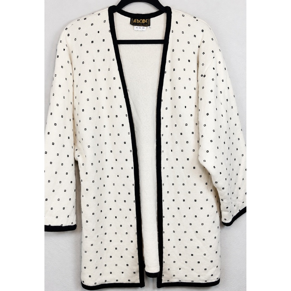 Vintage Adobe New Zealand Open Front Cardigan Cream Black Geometric Size 10